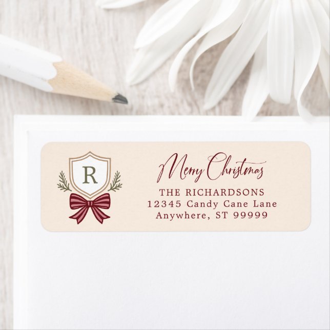 Custom Monogram Crest Bow Christmas Return Address Label (Insitu)