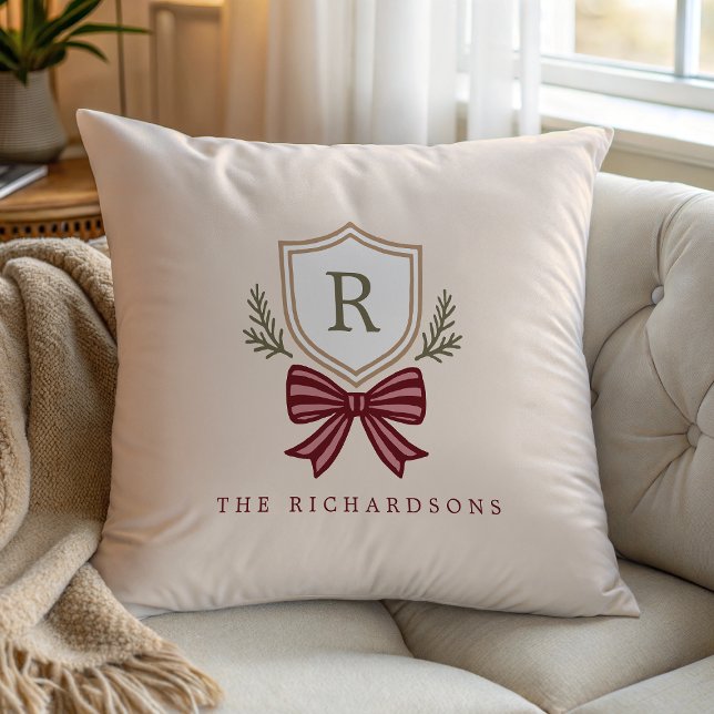 Custom Monogram Crest Bow Christmas Throw Pillow (Creator Uploaded)