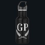 Custom monogram crest logo black water bottle<br><div class="desc">Custom monogram crest logo black water bottle. Initialled elegant laurel wreath design. Custom monogrammed gifts for sports and more. Personalised gift for him or her. Classy corporate business gift idea for clients, partners, customers etc. Unique presents for sporty men and women. Make your own luxury present for dad, husband, father,...</div>