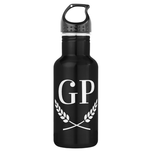 Custom monogram crest logo black water bottle (Front)