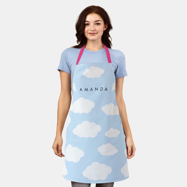 Custom Monogram Cute Girly Blue Cloud Gifts Apron (Worn)