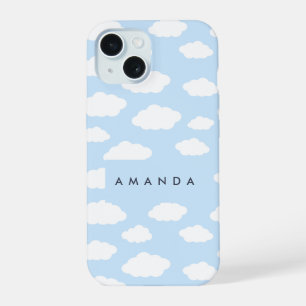 Custom Monogram Cute Girly Blue Cloud Gifts iPhone 15 Case
