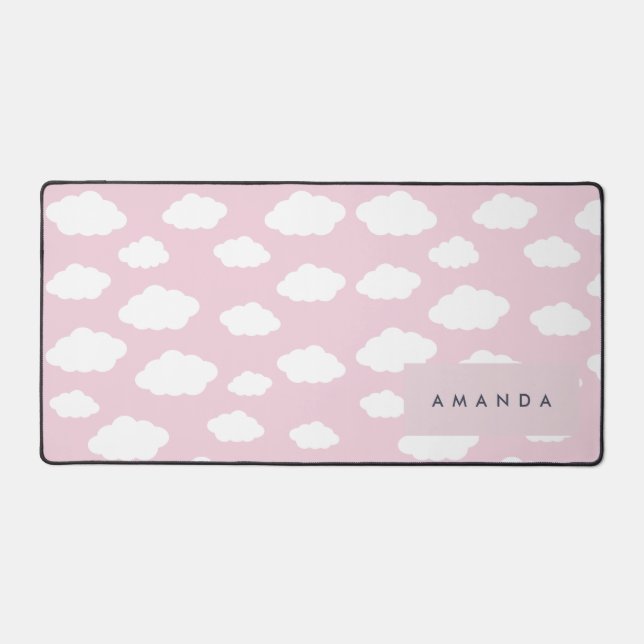 Custom Monogram Cute Girly Pink Cloud Gifts Desk Mat (Front)