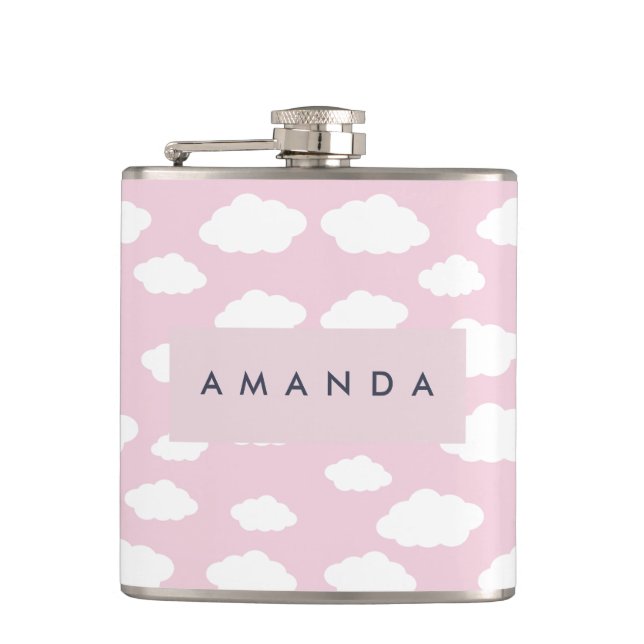Custom Monogram Cute Girly Pink Cloud Gifts Hip Flask (Front)