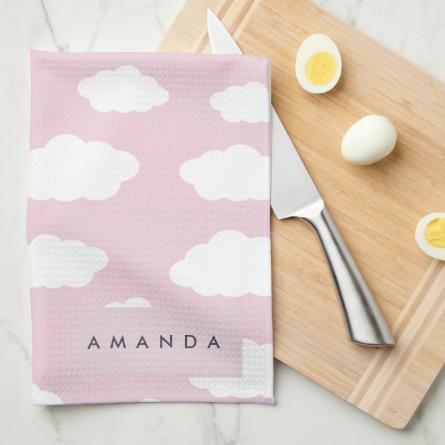 Custom Monogram Cute Girly Pink Cloud Gifts Tea Towel (Quarter Fold)