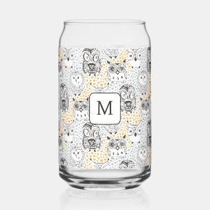 Custom Monogram Cute Owl Pattern Can Glass