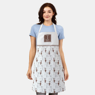 Custom Monogram, Cute White and Brown Deer Pattern Apron