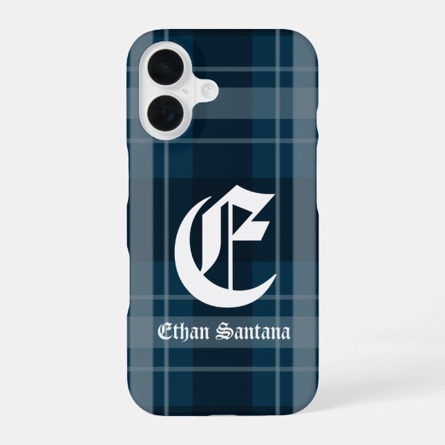 Custom Monogram Dark Blue Plaid iPhone 16 Case (Back)
