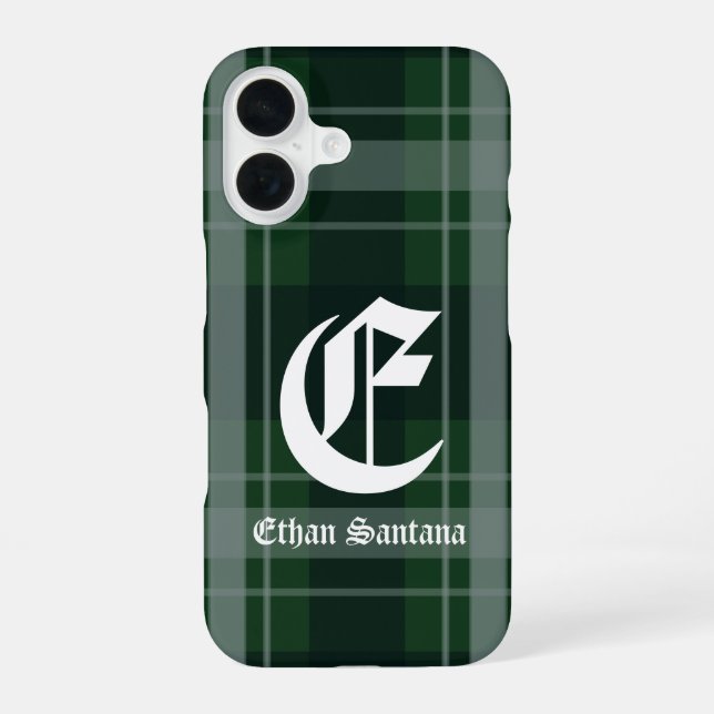 Custom Monogram Dark Green Plaid iPhone 16 Case (Back)
