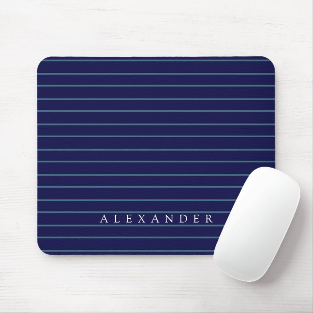 Custom Monogram Dark Navy Blue Stripes Monogrammed Mouse Pad (With Mouse)