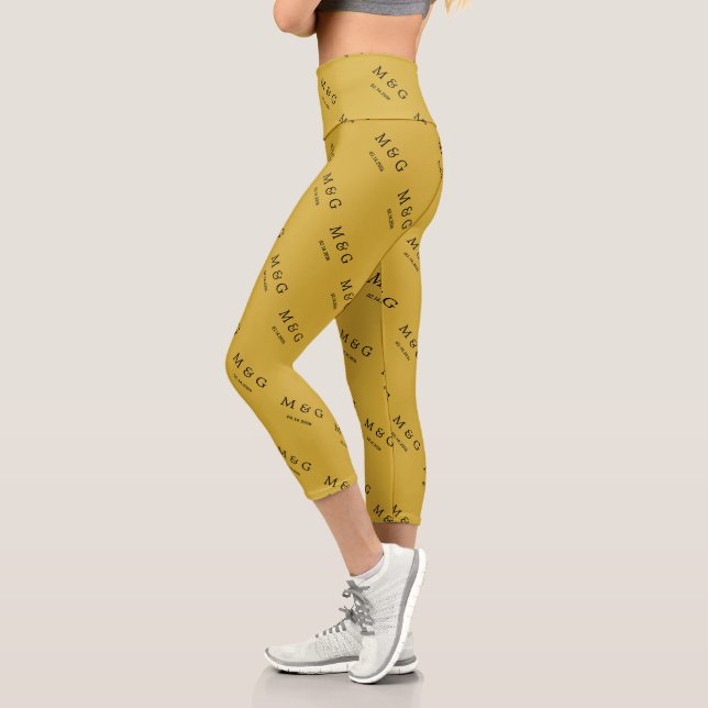 Custom Monogram Date Pattern Metallic Gold Capri Leggings (Left)