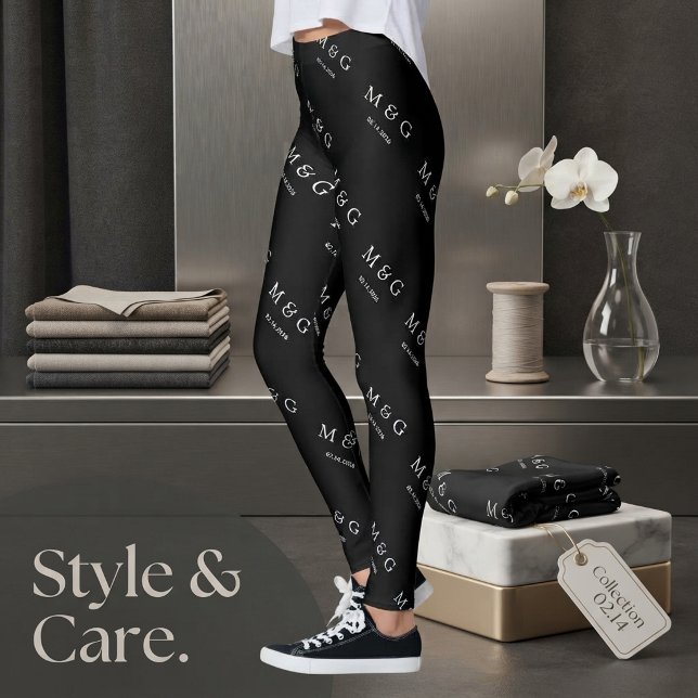 Custom Monogram Date Pattern Modern Black Leggings (Custom Monogram Date Pattern Modern Black Leggings)