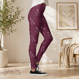 Custom Monogram Date Pattern Stylish Burgundy Leggings