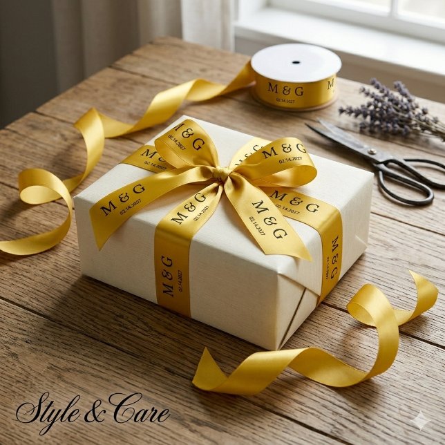 Custom Monogram Date Pattern Stylish Gold Satin Ribbon (Custom Monogram Date Pattern Stylish Gold Satin Ribbon)