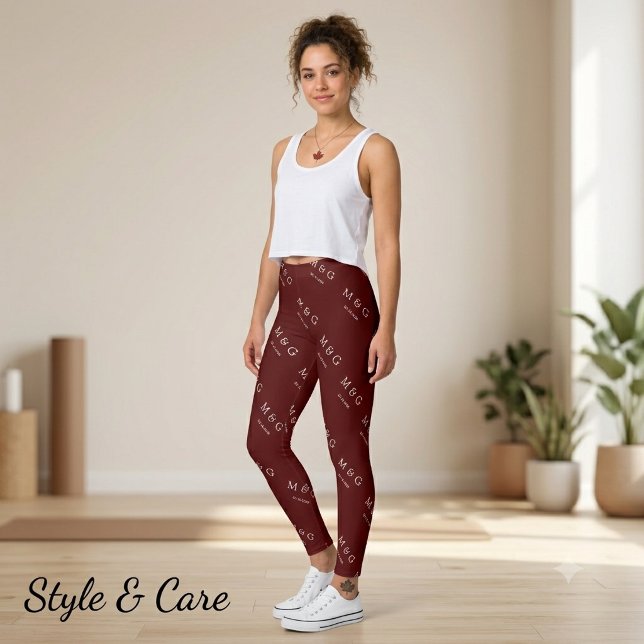 Custom Monogram Date Pattern Stylish Maroon Leggings (Custom Monogram Date Pattern Stylish Maroon Leggings)