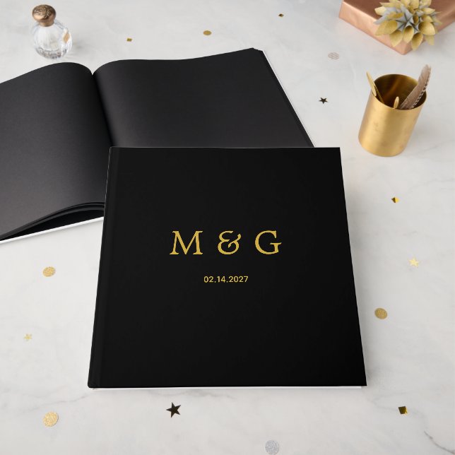 Custom Monogram Date Stylish Modern Black Guest Book (Front Open)