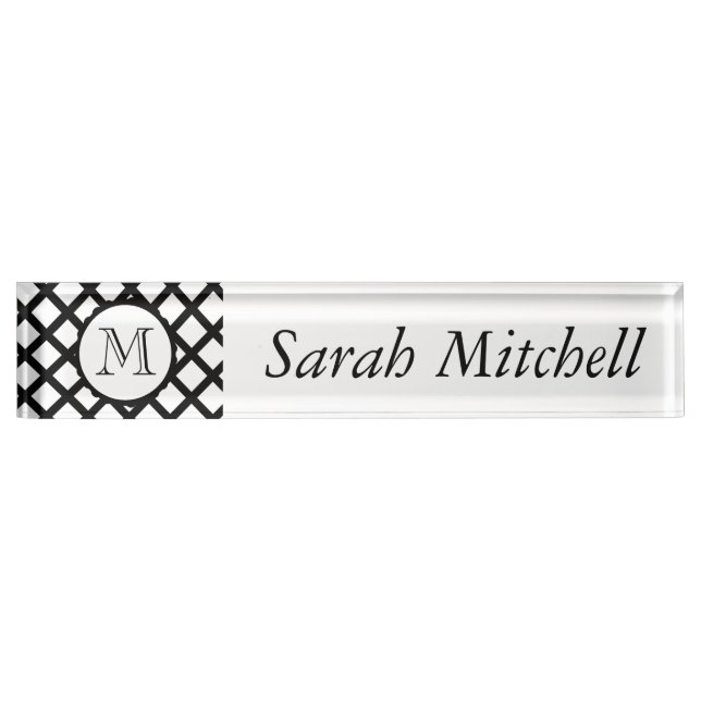 Custom Monogram Desk Nameplate Striped Black White (Front)