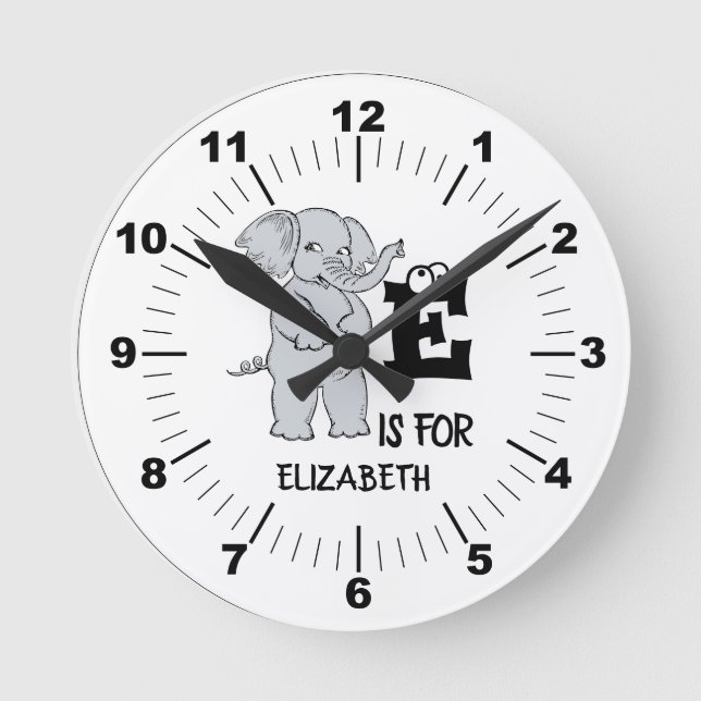 Custom monogram E is for cute colourful Elephant Round Clock (Front)