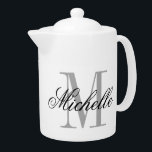 Custom monogram elegant medium size tea pot<br><div class="desc">Custom monogram elegant medium size tea pot with lid. Chic gift idea for friends and family who love drinking tea. Stylish script typography design. Also great for the office. Small size available too. Sizes: 11 and 44 ounce.</div>