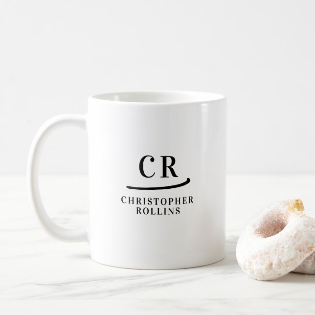 Custom Monogram Elegant Minimal Black and White Coffee Mug (With Donut)