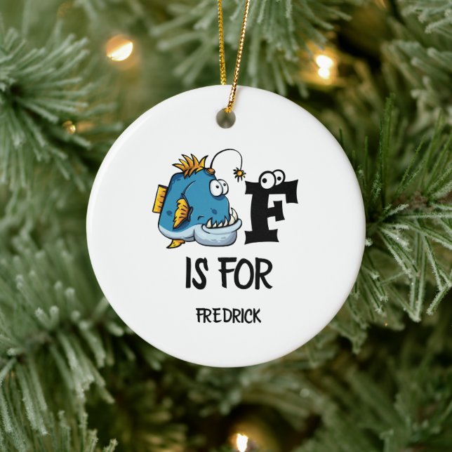 Custom monogram F is for Fish cartoon illustration Ceramic Ornament (Tree)