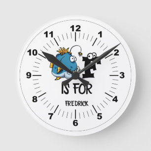 Custom monogram F is for Fish cartoon illustration Round Clock