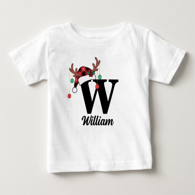 Custom Monogram Family Christmas Plaid Santa Hat Baby T-Shirt (Front)
