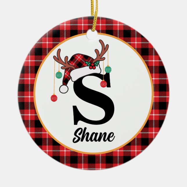 Custom Monogram Family Christmas Plaid Santa Hat Ceramic Ornament (Front)