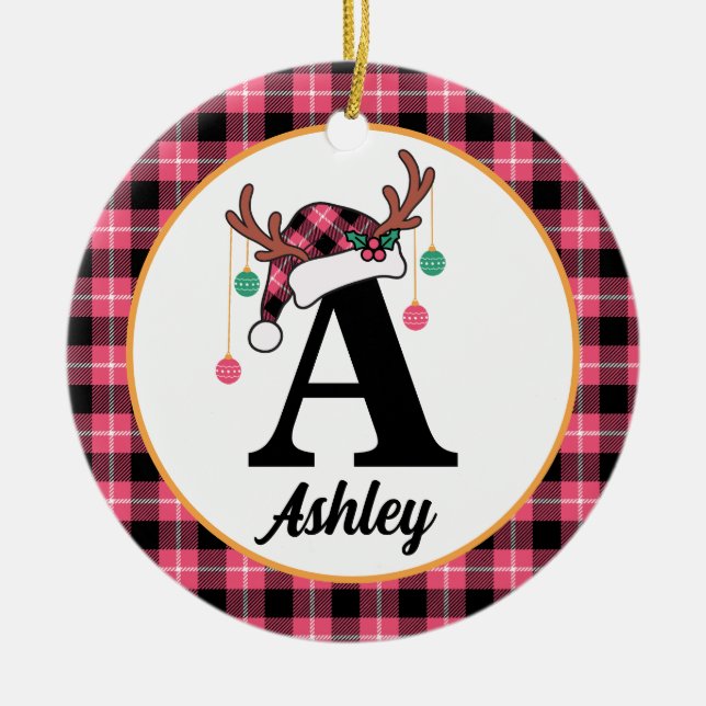 Custom Monogram Family Christmas Plaid Santa Hat Ceramic Ornament (Front)