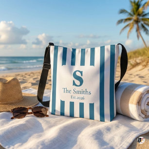 Custom Monogram Family Name Blue Cabana Stripe Crossbody Bag