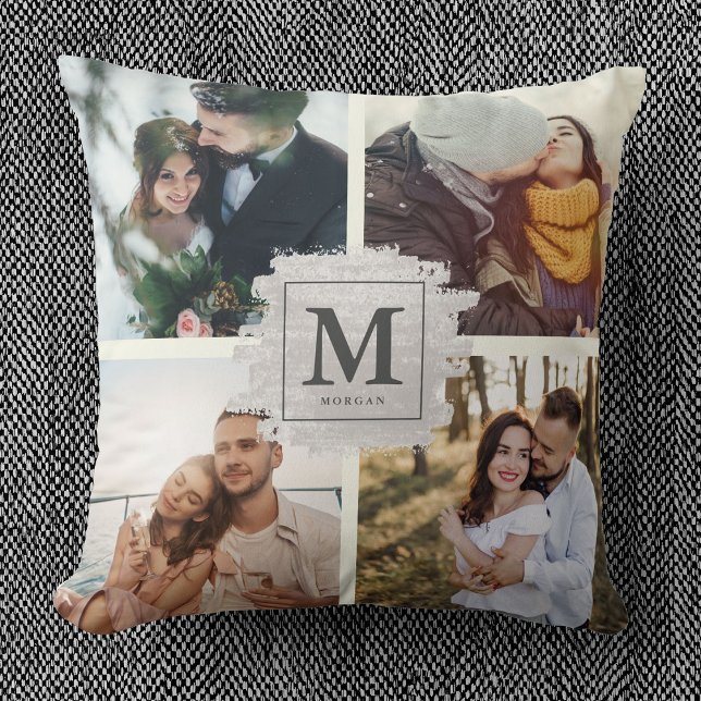 Custom Monogram Family Name Wedding Photo Collage Cushion (Creator Uploaded)