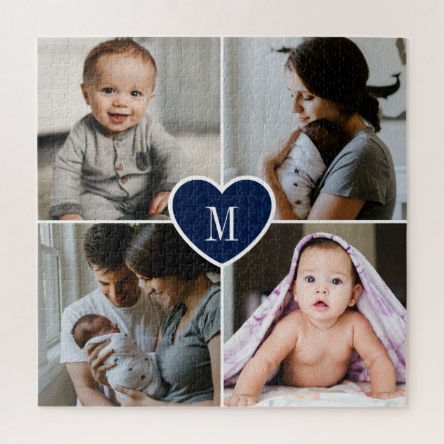 Custom Monogram Family Photo Collage Blue Heart Jigsaw Puzzle (Vertical)