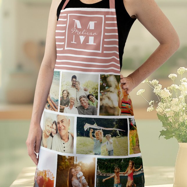 Custom Monogram Family Photo Collage Dusty Pink Apron (Creator Uploaded)