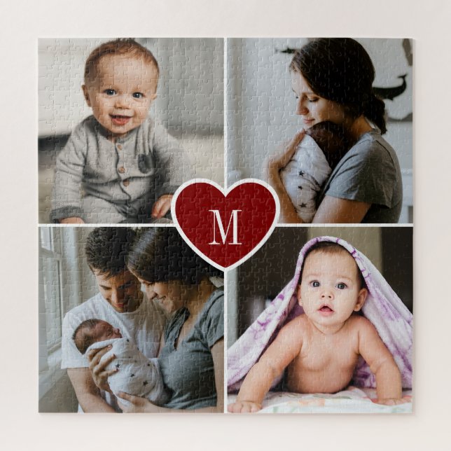 Custom Monogram Family Photo Collage Red Heart Jigsaw Puzzle (Vertical)