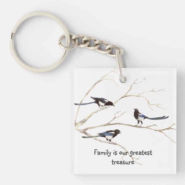 Custom Monogram Family Quote Magpie Birds Key Ring (Front)
