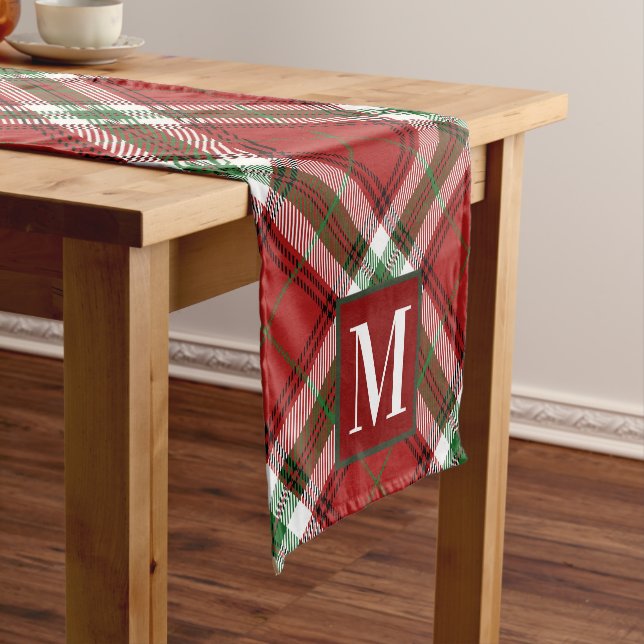 Custom Monogram Farmhouse Christmas Tartan Plaid Short Table Runner (In Situ)