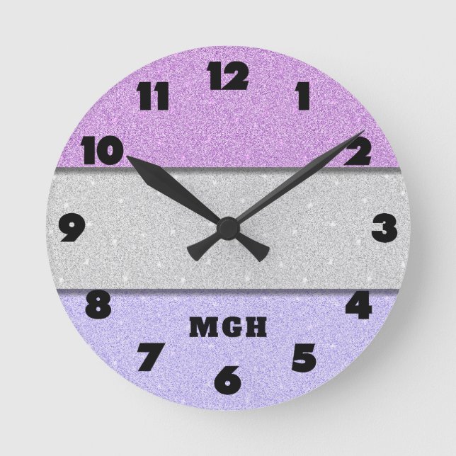 Custom Monogram Faux Glitter Bling Round Clock (Front)
