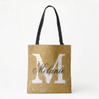 Custom monogram faux gold glitter print tote bags
