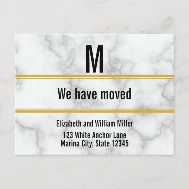 Custom Monogram Faux Marble Moving Announcement Postcard (Front)