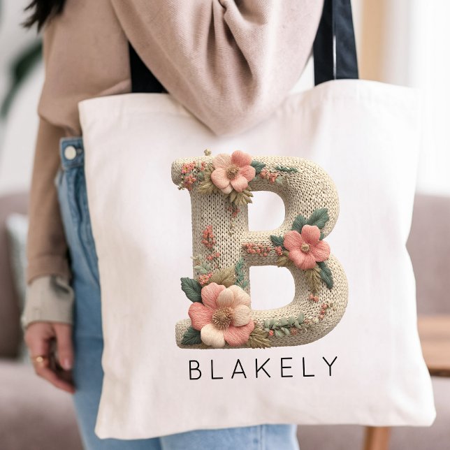 Custom Monogram Floral Embroidery Effect Wedding Tote Bag (Custom Floral Letter School Tote for Teens | Personalized Wedding Party Favor Floral Tote)