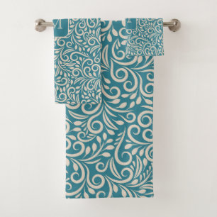 Custom Monogram Floral Leaf Pattern Bath Towel Set