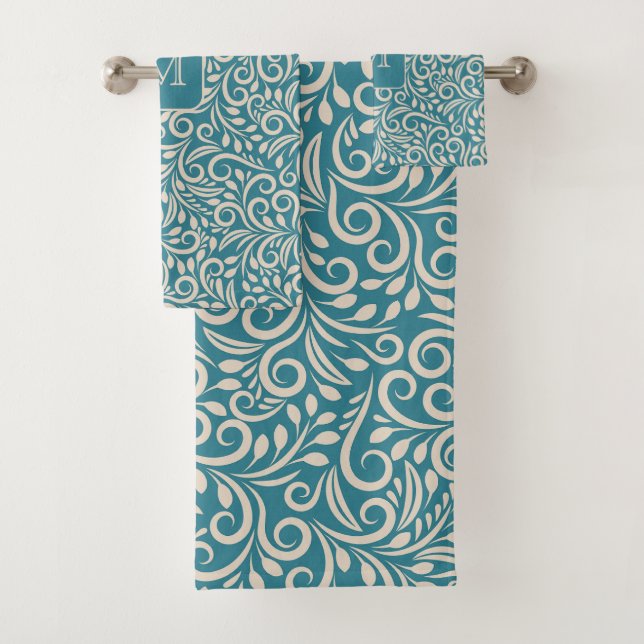 Custom Monogram Floral Leaf Pattern Bath Towel Set (Insitu)