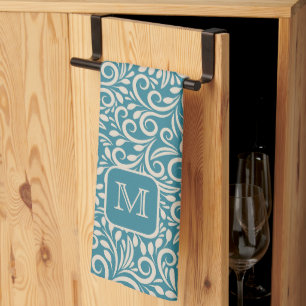 Custom Monogram Floral Leaf Pattern Tea Towel
