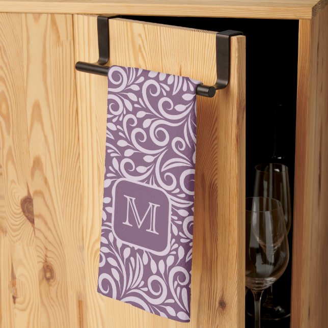 Custom Monogram Floral Leaf Pattern Tea Towel (Thirds Fold)