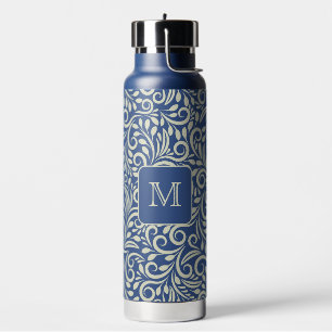 Custom Monogram Floral Leaf Pattern Water Bottle