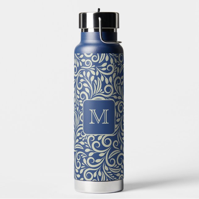 Custom Monogram Floral Leaf Pattern Water Bottle (Left)