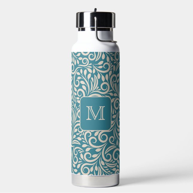 Custom Monogram Floral Leaf Pattern Water Bottle (Left)