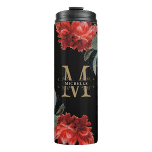 Custom Monogram Floral Red Gold Elegant Black Thermal Tumbler