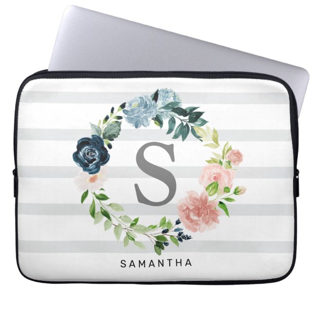 Custom Monogram Floral Wreath Grey Background Laptop Sleeve (Front)