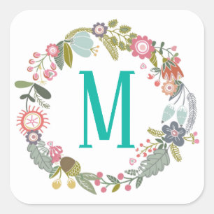 Custom Monogram Floral Wreath Square Sticker